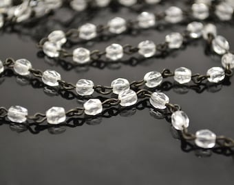 4mm Linked Bead Chain Rosary Style, 4mm Czech Crystal on Black Brass Links, 3 Feet