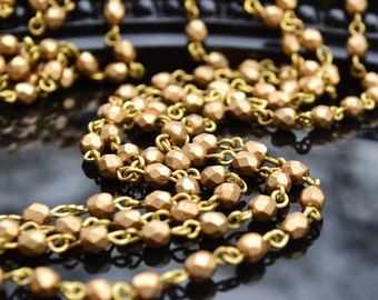 4mm Linked Bead Chain Rosary Style, 4mm Czech Matte Gold Beads on Natural Brass Links, 3 Feet