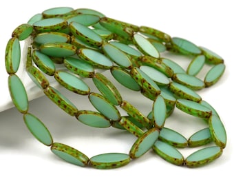Czech Mini Spindle Beads, Silky Green Turquoise Picasso, 16x6mm, Czech Glass Flat Oval Beads, Pkg 12