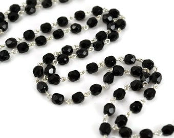 6mm Linked Bead Chain Rosary Style, 6mm Czech Jet Black Beads on Silver Links, 3 Feet