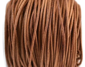2mm Round Leather Cord - Vintage Light Brown - Distressed Genuine Leather