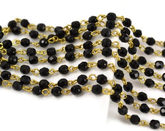 4mm Linked Bead Chain Rosary Style, 4mm Czech Jet Black Beads on Natural Brass Links, 3 Feet