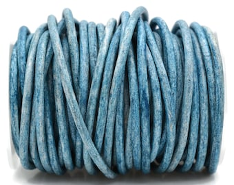 4mm Round Leather Cord - Natural Denim Blue - Distressed Genuine Leather