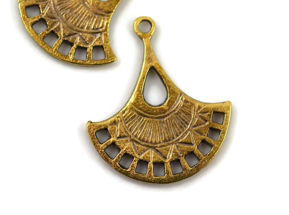 Boho Drop - 30mm Antique Brass - Fan Pendant, Multi Hole Connector or Earring Component - Mykonos Beads - Qty: 4