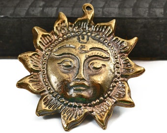 Sun Pendant, 51mm Antique Brass with 1.5mm Hole, Extra Large Sun with Face Pendant, Mykonos Beads, Pkg 1