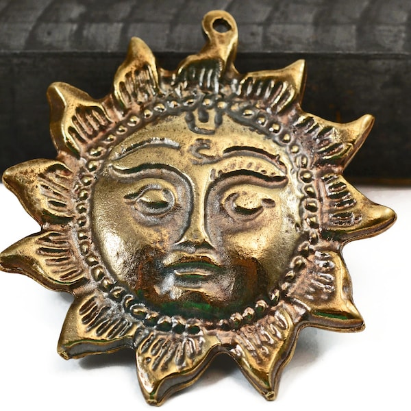 Sun Pendant, 51mm Antique Brass with 1.5mm Hole, Extra Large Sun with Face Pendant, Mykonos Beads, Pkg 1