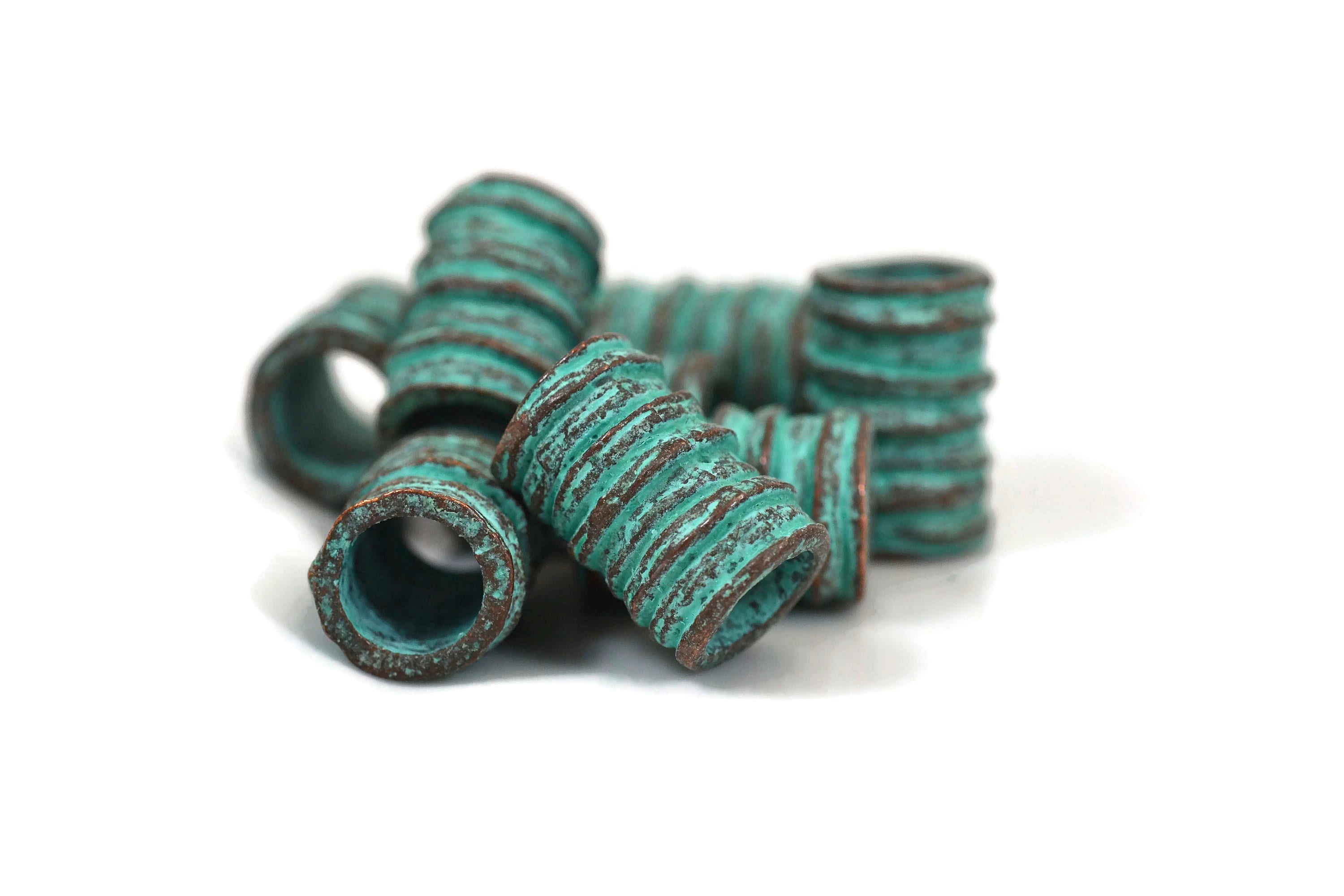 Large Hole Ridged Barrel, Green Patina, 16mm x 11mm with 7mm Hole, Mykonos Greek Beads, Pkg 4