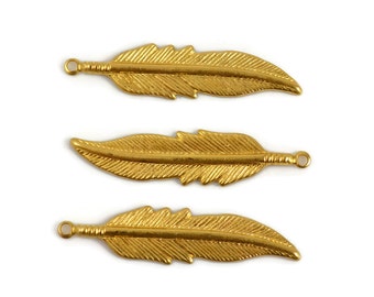 Small Brass Feather - Raw Brass - 8x34mm Pendant or Charm