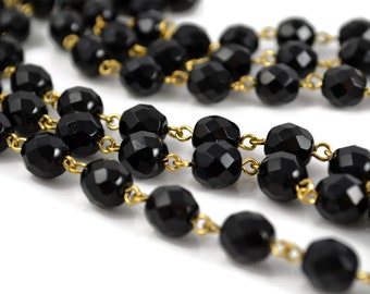 8mm Linked Bead Chain Rosary Style, 8mm Czech Black Beads on Gold Links, 1 or 3 Feet
