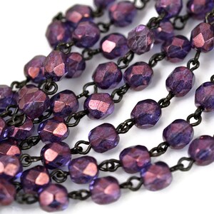 6mm Linked Bead Chain Rosary Style, 6mm Czech Purple AB Beads on Black Brass Links, 1 or 3 Feet image 1