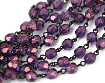 6mm Linked Bead Chain Rosary Style, 6mm Czech Purple AB Beads on Black Brass Links, 1 or 3 Feet
