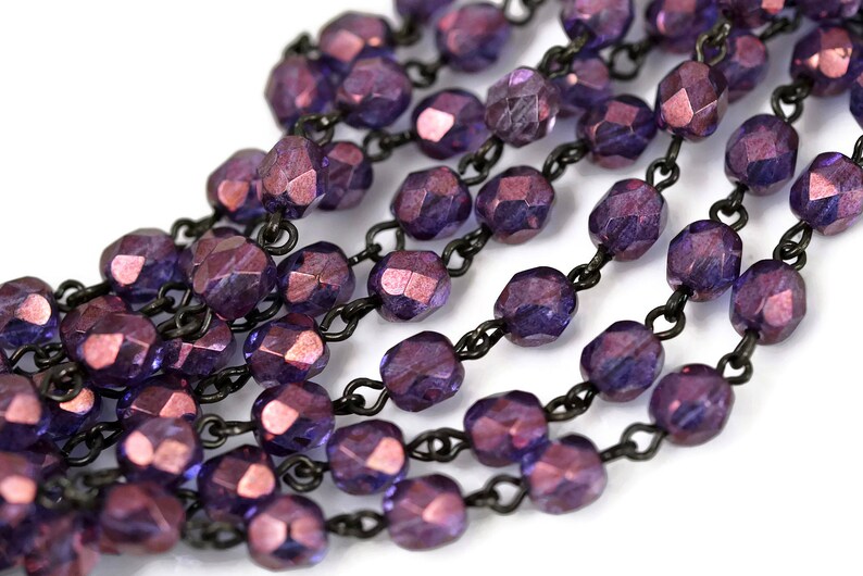 6mm Linked Bead Chain Rosary Style, 6mm Czech Purple AB Beads on Black Brass Links, 1 or 3 Feet image 1