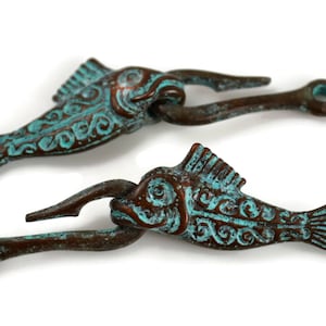 Fish and Hook Clasp, Green Patina, Mykonos Greek Beads, Pkg 2