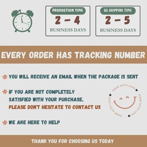 以下が含まれることがあります： 「Production Time 2-4 Business Days」と「US Shipping Time 2-5 Business Days」と書かれたテキストを含む画像です。テキストには「Every order has tracking number」と「Thank you for choosing us today」も含まれています。