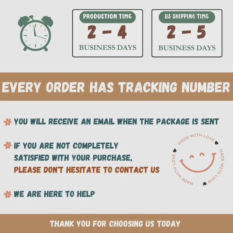 以下が含まれることがあります： 「Production Time 2-4 Business Days」と「US Shipping Time 2-5 Business Days」と書かれたテキストを含む画像です。テキストには「Every order has tracking number」と「Thank you for choosing us today」も含まれています。