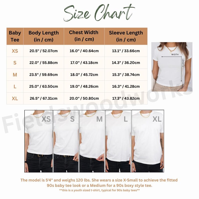 以下が含まれることがあります： ベビーTシャツのサイズチャート。インチとセンチメートルで測定。XSからXLまでのサイズについて、ボディ丈、胸囲、袖丈が含まれています。画像にはTシャツを着たモデルも表示されており、モデルの身長が5'4"で体重が120ポンドであると書かれています。