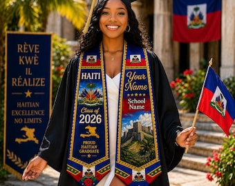 Estola de graduación personalizada de Haití, banda de graduación de la clase de 2026 con la bandera haitiana, estola de graduación de Haití con nombre y escuela personalizados.