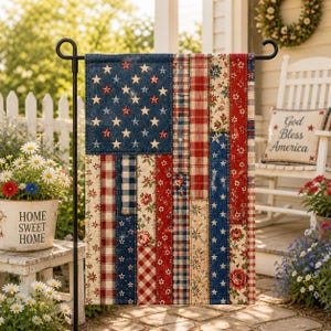 Tryckt lapptäcke amerikansk flagga trädgårdsflagga, vintage quiltstil patriotisk trädgårdsdekor, amerikansk verandabanderoll