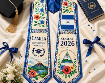 Estola de graduación personalizada de Nicaragua 2026, banda personalizada con la bandera de la herencia, regalo para graduados de la Clase de 2026