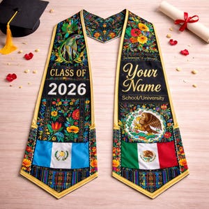 Estola de graduación personalizada de Guatemala y México, banda con bandera de doble herencia, estola de graduación de orgullo cultural, regalo personalizado para estudiantes de último año.