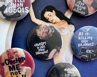 ANTI AI | Broche estilo vintage de 58 mm | Botão retrô dos anos 60, 70, 80, 90 e ano 2000