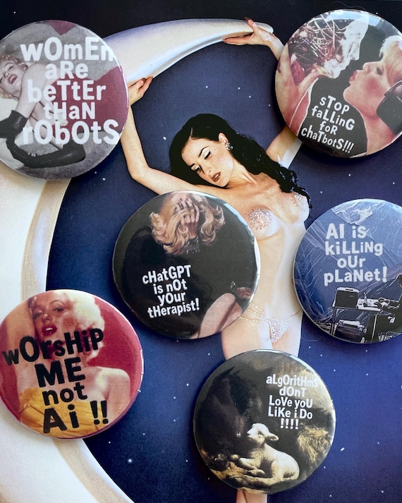 ANTI AI | Vintage Style 58mm Badge Pin | Retro 60s 70s 80s 90s Y2K Button