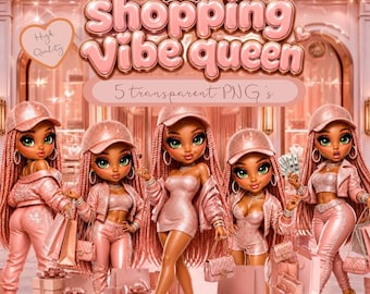 Shopping Vibe Queen PNG Bundle, Pink Chibi Girl Clipart, Glam Sublimation Design (Digital Download)