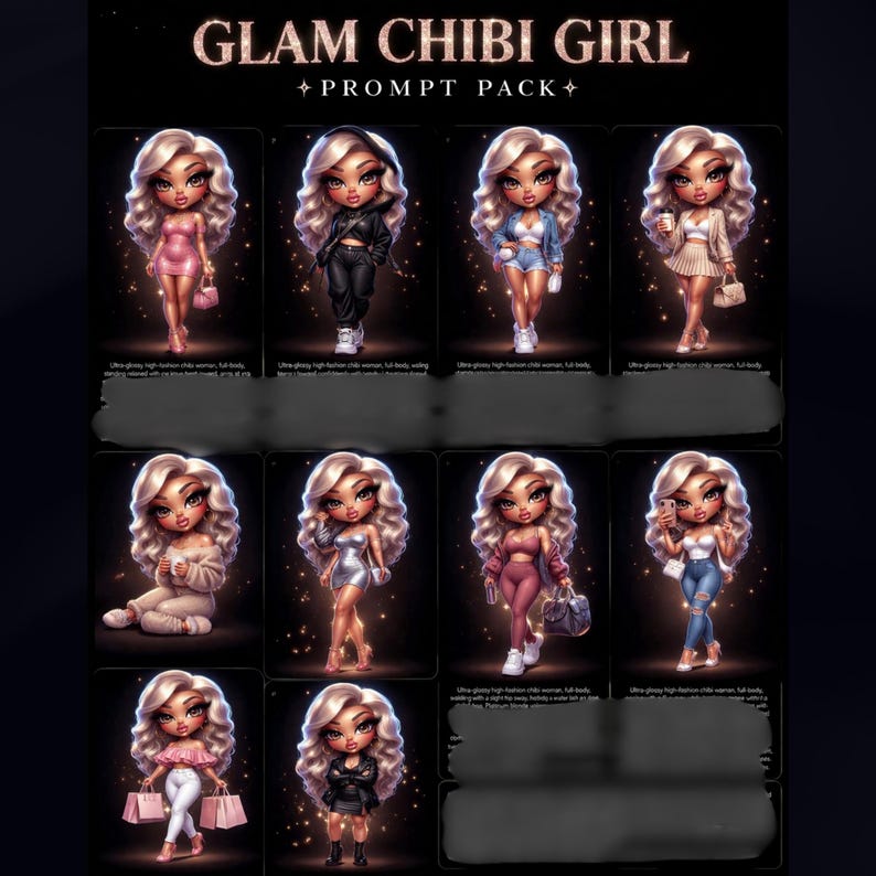 May include: A digital art print showcasing multiple glamorous chibi girl illustrations. Each chibi girl has blonde wavy hair and is dressed in various fashionable outfits. The text "GLAM CHIBI GIRL + PROMPT PACK" is at the top.