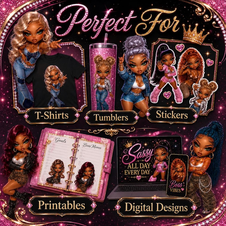 Sassy Glam Chibi PNG Bundle, Black Girl Fashion Doll Clipart (digital ...