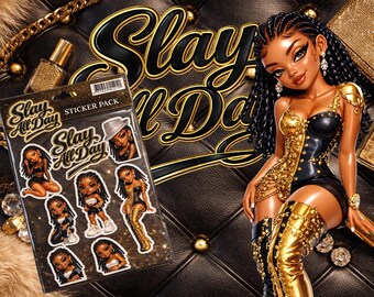 Slay All Day Sticker Pack | Glam Black Girl Chibi Dolls, Luxury Planner Stickers