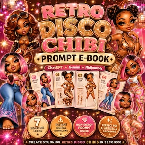 May include: A digital e-book cover titled Retro Disco Chibi featuring illustrations of stylized characters with large eyes and colorful outfits. The design includes text labels for ChatGPT, Gemini, and Midjourney, plus four numbered prompt cards.