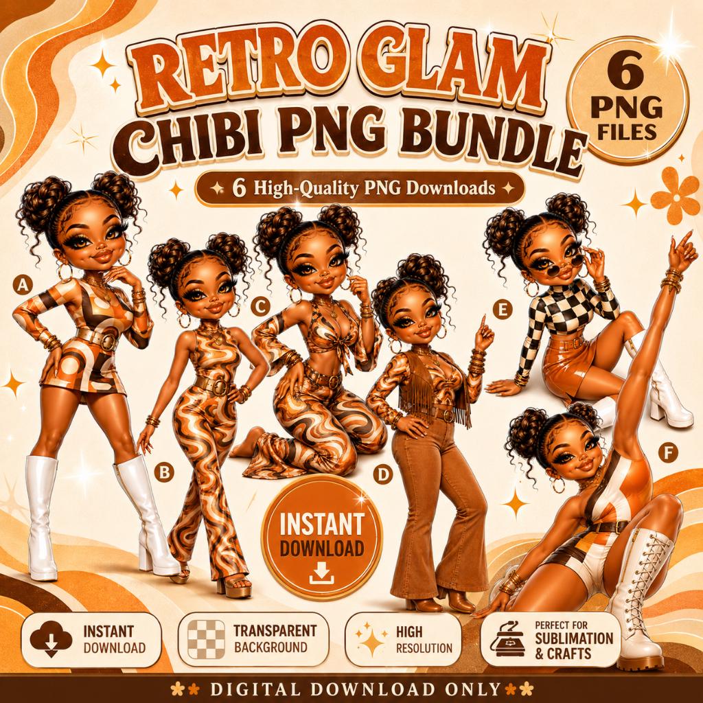 Retro Glam Chibi PNG Bundle, Black Girl Clipart, Groovy 70s Sublimation ...
