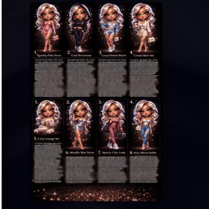 May include: An illustration of eight doll-like figures, each modelling a different outfit. Outfits include a sparkly pink dress, cool streetwear, denim shorts, and a cream skirt set. Text labels identify each outfit, such as 'Metallic Mini Dress' and 'Sporty Chic Look'.