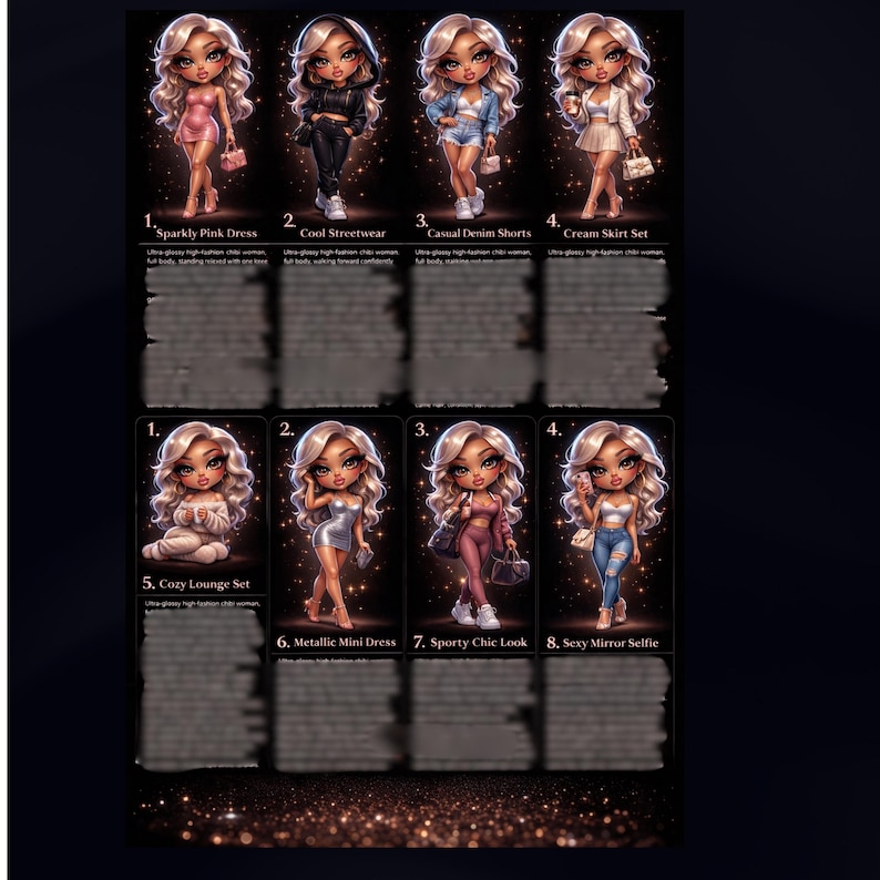 May include: An illustration of eight doll-like figures, each modelling a different outfit. Outfits include a sparkly pink dress, cool streetwear, denim shorts, and a cream skirt set. Text labels identify each outfit, such as 'Metallic Mini Dress' and 'Sporty Chic Look'.
