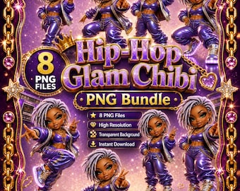 Hip Hop Glam Chibi PNG Bundle, Black Girl Boss Clipart, Boujee Purple (Digital Download)