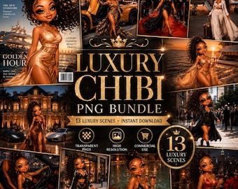 Glamorous Chibi Doll Clipart, Boujee Fashion PNG Bundle (Digital Download)
