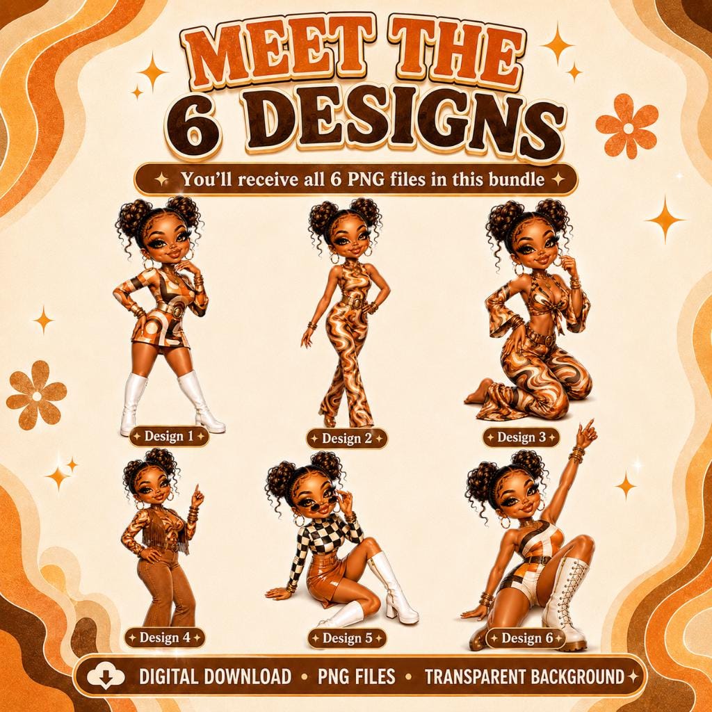 Retro Glam Chibi PNG Bundle, Black Girl Clipart, Groovy 70s Sublimation ...