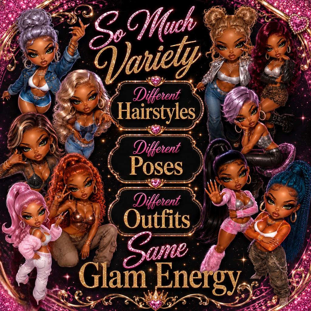 Sassy Glam Chibi PNG Bundle, Black Girl Fashion Doll Clipart (digital ...