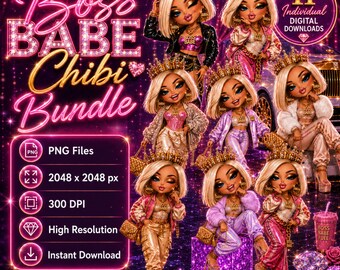 Boss Babe Chibi PNG Bundle, Glam Blonde Chibi Clipart, 11 Individual Digital Downloads, 300 DPI