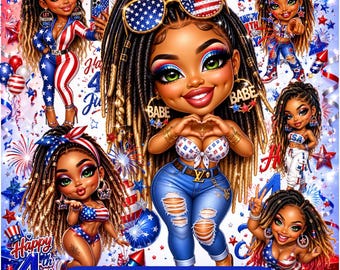4th of July Girl PNG Bundle, Patriotic Chibi USA Clipart, Glam Girl Sublimation Download