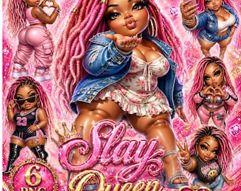 Slay Queen PNG Bundle, Black Girl Chibi Clipart, Glam Baddie Sublimation (Digital Download)