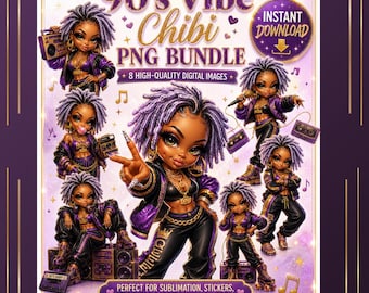 90s Chibi PNG Bundle, Black Girl Hip Hop Clipart, Purple Gold Sublimation (Digital Download)