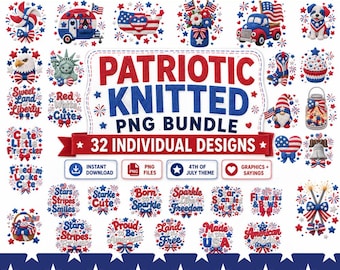Patriotic Knitted PNG Bundle, 4th of July Sublimation Clipart (Digital Download)