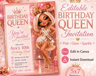 Bewerkbare verjaardag koningin partij bundel, roze goud glamour verjaardagsuitnodiging canvas sjabloon, afdrukbare uitnodiging, cupcake toppers, party kit