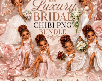 Luxury Bridal Chibi PNG Bundle, Black Bride Clipart, Wedding PNG, Bride to Be Digital Download, Bridal Shower PNG, 14 Upscaled PNGs