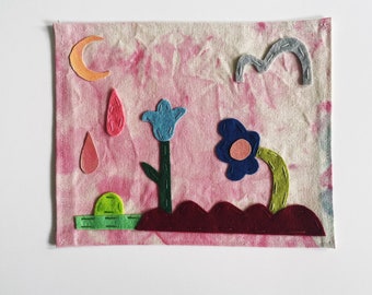 Flower Moon Folk Art Floral Collage Textile Art Canvas