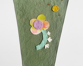 Flower Moon Pennant Flag Vintage Folk Art Hand dyed textile olive green wall hanging