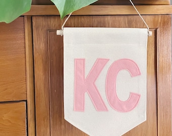 KC Banner - City or State canvas banner - 8 x 11.5 inch - Wall hanging Light Pink