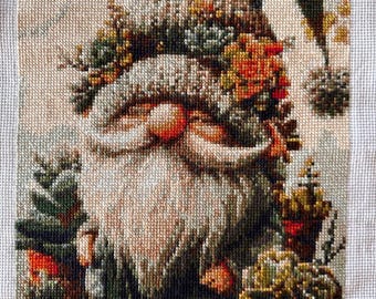 Handmade Gnome Cross Stitch Portrait with Plants and Flowers