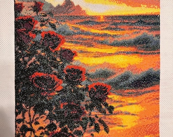 Handmade Ocean Sunset Roses Cross Stitch
